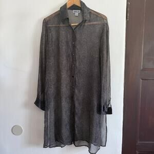 90s Vintage ROBBIE BEE | Navy and Tan Silk Chiffon Button Front Tunic Size 12